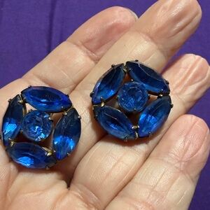 Antique Sterling Silver Sapphire Rhinestone Clip-On Earrings  (3)